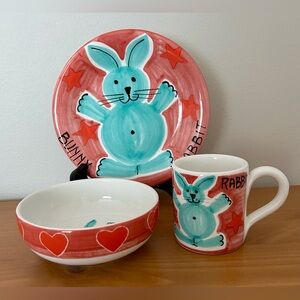 La Gioconda child’s dinnerware set Bunny Rabbit Plate, Bowl, Mug - new no tags